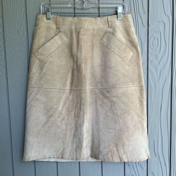 Issac Mizrahi Authentic Tan Suede Leather Knee Length Skirt Retro Western - SZ M - Picture 1 of 7